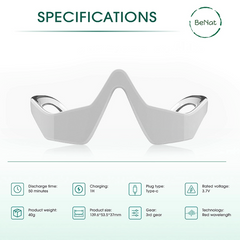 The Faire.com Under-Eye Red Light Therapy device offers skin rejuvenation with micro-current vibration. It features a white design, a compact size of 139*65.5*37mm, weighs 40g, delivers a 50-minute discharge time from a 1-hour charge at 3.7V, and provides an effective under-eye massage experience.