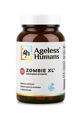 A brown bottle labeled "Faire.com Zombie XL ®: Senescent Cell Activator" with a GMO-free icon contains 21 vegan capsules.