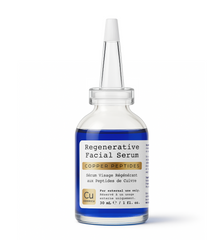 A clear glass dropper bottle labeled "Dermicu® GHK-Cu Regenerative Facial Serum" by Custom Item, containing blue copper peptide serum, 30 mL.