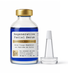 A bottle labeled "Dermicu® GHK-Cu Regenerative Facial Serum" by Custom Item with a dropper cap beside it. The 30 mL (1 fl. oz.) bottle contains blue serum, known for its advanced regenerative facial benefits.