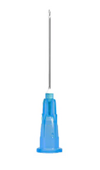 The Exel Disposable Hypodermic Needle 23G x 1″ from MedPlus is shown upright against a white background, featuring a blue plastic hub and designed for safe, precise injections with luer lock system compatibility. Price increase effective 6/24/25: $6.54 per box.
