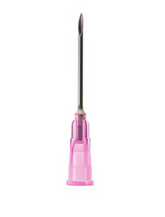 A MedPlus Exel Disposable Hypodermic Needle (18G x 1″) with a pink cap and luer lock compatibility, featuring a metal shaft and displayed vertically against a plain white background.