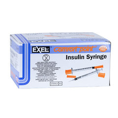 Sterile Exel U-100 Comfort Point insulin syringes in a box on a white background.