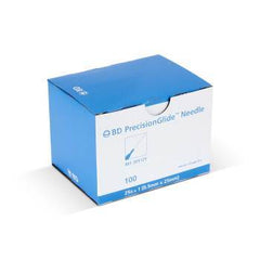 A blue box with a sterile BD PrecisionGlide Hypodermic Needle 25G x 1" (50 Pack) inside, featuring a luer tip, manufactured by MedPlus.