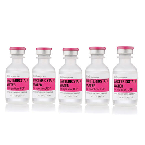 Five bottles of Bacteriostatic Water 30ml (5 pack) with pink lids on a white background. (Henry Schein)