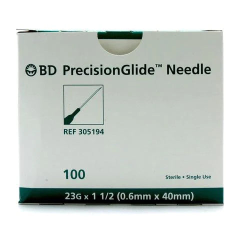 A box of MedPlus BD PrecisionGlide Hypodermic Needles, 23G x 1 1/2", sterile, single use, 50 needles per box. Price: $10.13 as of 6/24/25.