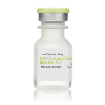 A clear 10 mL Henry Schein bottle labeled "0.9% Sodium Chloride Injection, USP" with a green cap, containing preservative-free sterile saline solution for use as a sterile diluent.