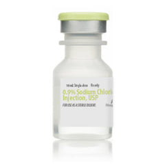 A clear 10 mL Henry Schein bottle labeled "0.9% Sodium Chloride Injection, USP" with a green cap, containing preservative-free sterile saline solution for use as a sterile diluent.