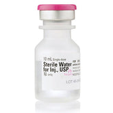 A 10 mL single-dose vial labeled "Sterile Water for Injection, USP" by Henry Schein, prescription only.