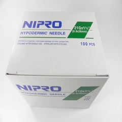 Pack of 50 Nipro 5cc (5ml) syringes and 21G x 1½" needles, featuring a Luer-Lock design. Each needle is single-use and ETO gas sterilized. Perfect for efficient medical applications.