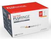 Image of a box containing 50 MHC EasyTouch® Fluringe® Safety Syringes, each with a capacity of 3cc and a 1-inch, 25-gauge needle. The box highlights its specifications and ensures maximum patient comfort while prioritizing caregiver protection.