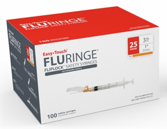 Image of a box containing 50 MHC EasyTouch® Fluringe® Safety Syringes, each with a capacity of 3cc and a 1-inch, 25-gauge needle. The box highlights its specifications and ensures maximum patient comfort while prioritizing caregiver protection.