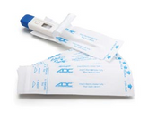 A digital thermometer with a blue cap and disposable design. It comes with individually wrapped Adtemp Thermometer Sheaths by MedPlus (box of 50) featuring blue text and arrows on the packaging to prevent cross-contamination.