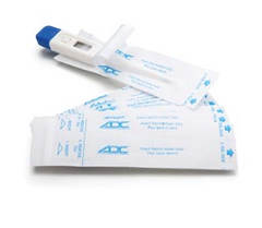 A digital thermometer with a blue cap and disposable design. It comes with individually wrapped Adtemp Thermometer Sheaths by MedPlus (box of 50) featuring blue text and arrows on the packaging to prevent cross-contamination.