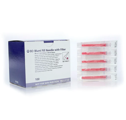 A box of MedPlus BD Blunt Fill Needle with 5 Micron Filter 18G x 1½" Sterile (10 pack) is shown next to five individually wrapped needles with red caps. Price increases to $38.39/box on 6/24/25.