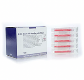 A box of MedPlus BD Blunt Fill Needle with 5 Micron Filter 18G x 1½" Sterile (10 pack) is shown next to five individually wrapped needles with red caps. Price increases to $38.39/box on 6/24/25.