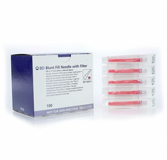 A box of MedPlus BD Blunt Fill Needle with 5 Micron Filter 18G x 1½" Sterile (10 pack) is shown next to five individually wrapped needles with red caps. Price increases to $38.39/box on 6/24/25.