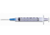 A BD 3cc (3ml) 25G x 1½" Luer-Lok Syringe with PrecisionGlide Needle by MedPlus lies on a white background; box of 50, $17.11 each as of 6/24/25.