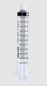 A Nipro 10cc (10ml) syringe, featuring a 22G x 1" hypodermic needle and luer-lock mechanism, with black milliliter markings, designed for single use, is on a plain background. *DISCONTINUED*.