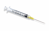 The MedPlus Exel Mixing Syringes (3 pack), available in 3cc or 10cc sizes with needles, feature clear barrels, black markings, yellow needle caps, and Luer lock tips, displayed on a white background.