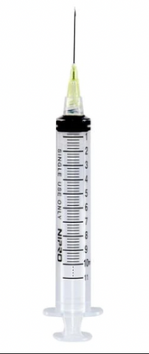 The discontinued Nipro 10cc (10ml) syringe and hypodermic needle combo has a luer-lock design, clear barrel with black markings, and a green-tinted cap.