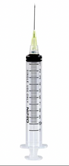 The discontinued Nipro 10cc (10ml) syringe and hypodermic needle combo has a luer-lock design, clear barrel with black markings, and a green-tinted cap.