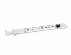 A Nipro 1cc (1ml) 21G x 1 1/2" Luer Lock Syringe and Hypodermic Needle Combo (50 pack) is shown on a white background, featuring clear plastic, black measurement markings, and a plunger.