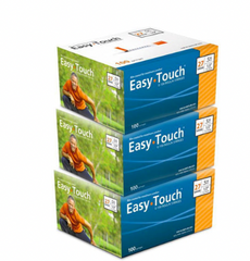 Three boxes of MHC EasyTouch Insulin Syringes 1cc (1ml) x 27G x 1/2" - 3 BOXES (300 SYRINGES) on a white background, available for buy in bulk discounts.