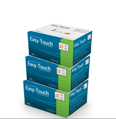 A stack of MHC EasyTouch Insulin Syringe boxes on a white background.