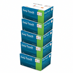 Stack of seven MHC EasyTouch Insulin Syringes, blue and orange box syringes arranged vertically for a comfortable injection.