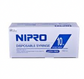 Pack of 25 Nipro 10cc (10ml) Luer-Lock Syringes, sterilized via ETO, latex-free, blue and white packaging. *DISCONTINUED*.