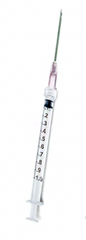 A close-up image of the Nipro 1cc (1ml) 18G x 1 1/2" Luer Lock Syringe and Hypodermic Needle Combo (50 pack), showing a clear barrel with measurement markings and a green-tipped needle.