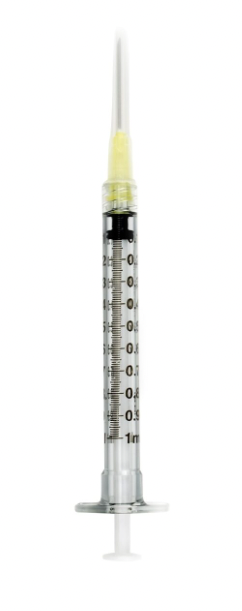 A Nipro 1cc (1ml) 20G x 1" Luer Lock Syringe and Hypodermic Needle Combo is shown filled with clear liquid against a white background. The image displays one item from the 50 pack set.