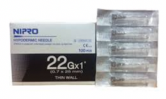 Nipro 1cc (1ml) 22G x 1" LUER LOCK Syringe and Hypodermic Needle Combo (50 pack), featuring sterile hypodermic needles in a box.