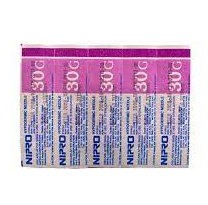 A pack of 1cc (1ml) 30G x 1/2" Nipro LUER LOCK Syringe and Hypodermic Needle Combo (50 pack) on a sterile luer lock background.