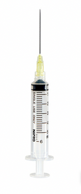The Nipro 5cc (5ml) 20G x 1" Luer-Lock Syringe & Hypodermic Needle Combo features a clear barrel, precise measurement markings, and a black plunger with a secure luer lock connection for safe handling.