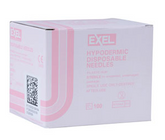 A white and pink MedPlus box labeled "Exel Disposable Hypodermic Needles 18G x 1"" holds 50 sterile, single-use needles for Luer Lock syringes. Price per box: $6.54 (price increase effective 6/24/25).