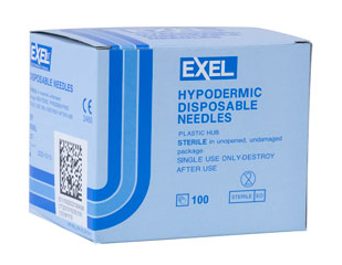A MedPlus box of Exel Disposable Hypodermic Needles 23G x 1 1/2" (50 pack) contains sterile, single-use needles with stainless steel tips and plastic hubs; $6.54 per box as of 6/24/25.