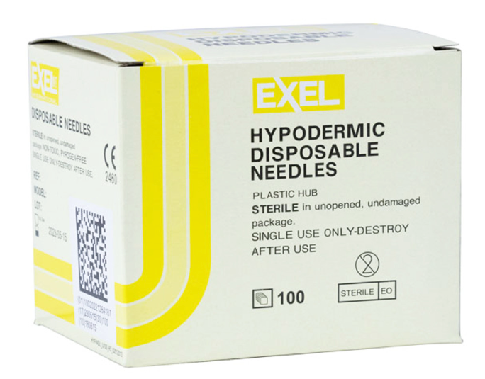 A box of Exel Disposable Hypodermic Needles 20G x 1 1/2" (50 PACK) by MedPlus, single-use, sterile with plastic hub, compatible with Luer Lock syringes. Price: $6.54/box from 6/24/25.