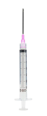 A BD 3cc (3ml) 18G x 1½" Luer-Lok Syringe with PrecisionGlide Needle (50 pack) by MedPlus stands upright, filled with clear liquid, against a white background. Price as of 6/24/25 is $15.42 per box.