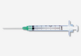 A MedPlus BD 3cc (3ml) 23G x 1½" Luer-Lok Syringe with PrecisionGlide Needle (50 pack), featuring a clear barrel and green hub, is shown horizontally on white; price as of 6/24/25 is $17.34 per box.