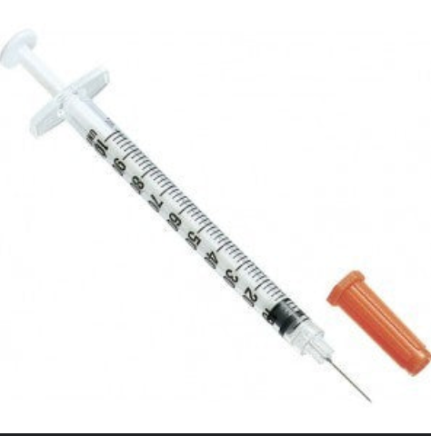 A sterile syringe with a needle, latex-free and Exel U-100 Comfort Point Insulin Syringes 1cc x 29g x 1/2" (1 Box/100 Syringes) by NDC.