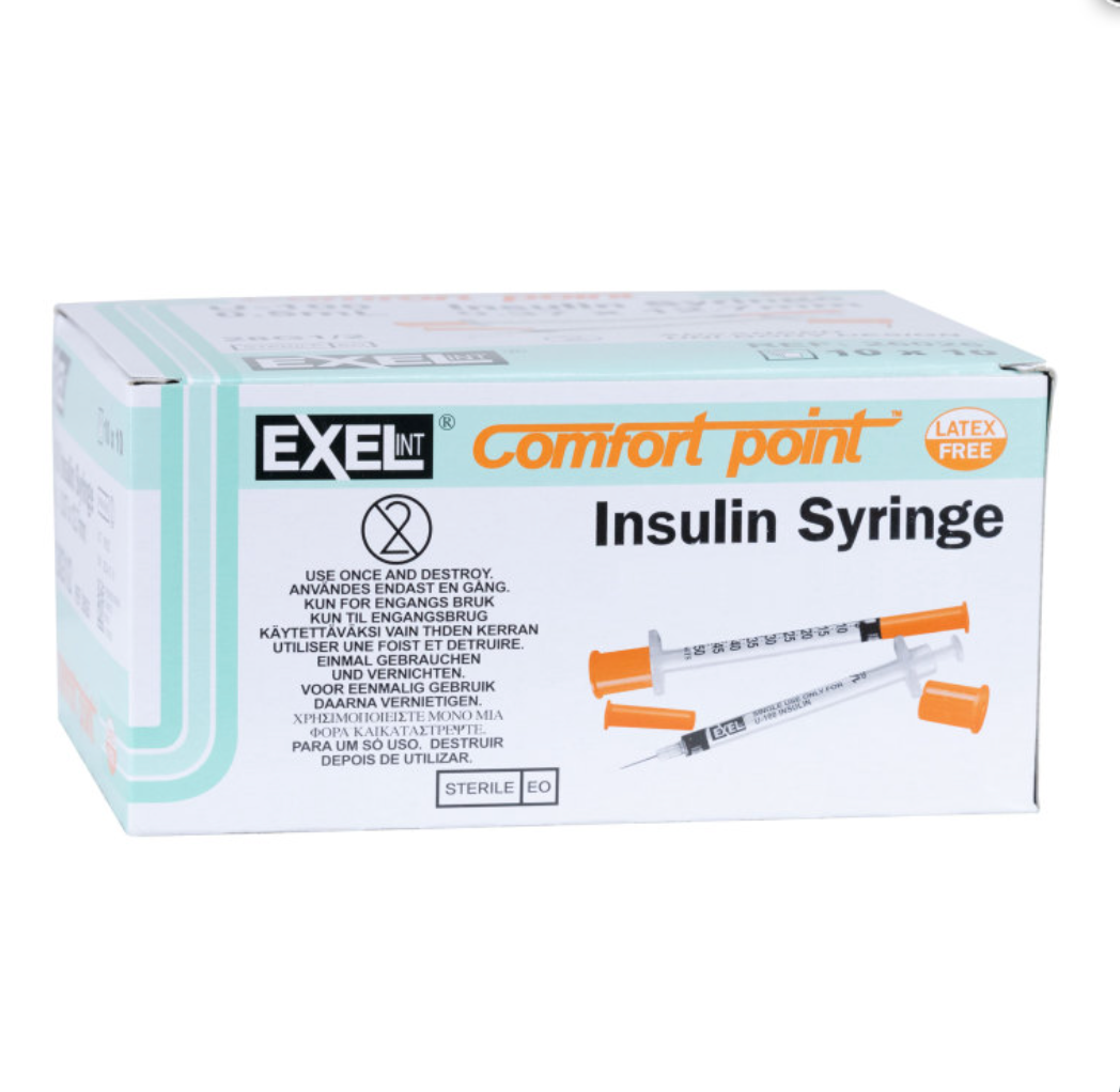 A box of MedPlus Exel U-100 ComfortPoint 1ml Insulin Syringes, 28G x ½“, contains 100 disposable syringes in white and teal packaging with product illustrations and multiple languages on the front. Designed with a permanent needle for convenience and safety, this product is priced at $14.38 per box effective 6/24/25.