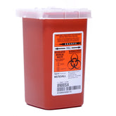 A red, rectangular sharps container with a clear lid, labeled for regulated medical waste and equipped with a sharps disposal slot. The label displays biohazard symbols and warnings, ensuring it is OSHA-compliant for handling infectious waste. The product is the MedPlus Sharps Container - 1 Quart.