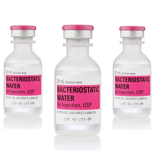 Three bottles of Bacteriostatic Water 30ml (3 pack) with benzyl alcohol from Henry Schein.