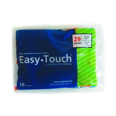 Plastic package of MHC EasyTouch Insulin Syringes 0.5cc (0.5ml) x 29G x 1/2" - 1 BAG containing 10 syringes for a comfortable injection with superior sharpness.
