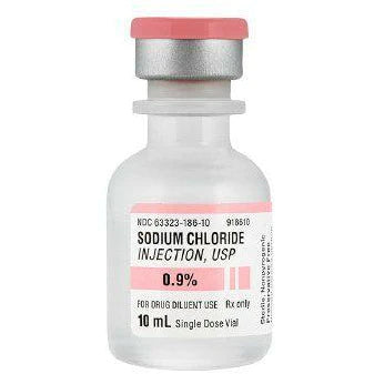 A 10 mL bottle of Henry Schein Sodium Chloride Injection, USP 0.9% Fresenius, labeled for use as a parenteral drug diluent.
