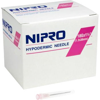 A box of Nipro Disposable Hypodermic Needles 18G x 1 1/2" (50 Pack), essential for precise drug delivery.