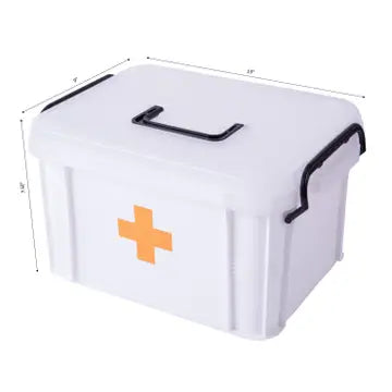 The First Aid | Injection Supplies Storage Box by Faire.com is a portable white medical organizer with a black handle and an orange cross, perfect for versatile storage.