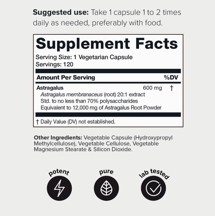 Supplement Facts label showing ingredients and serving size for Astragalus 20:1 (120 capsules) by Faire.com, including suggested use and icons indicating it is potent, pure, lab-tested, and provides immune system support.